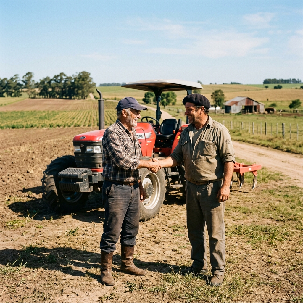 Productores agrícolas con tractor
